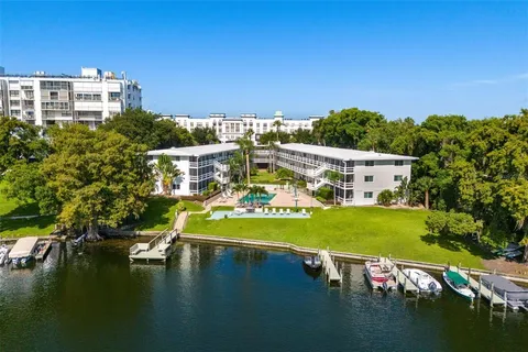 a view of a city with lawn chairs