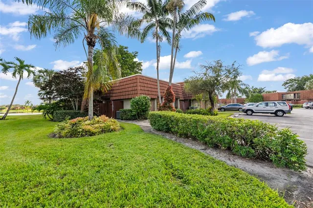 a view of a garden with palm trees
