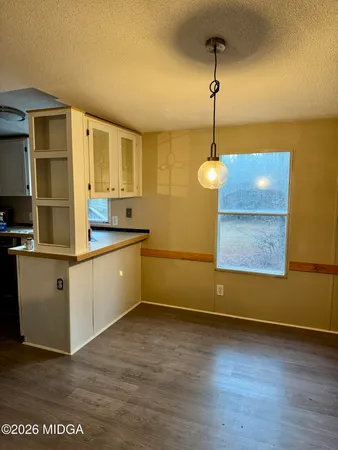a kitchen with a sink cabinets and wooden floor