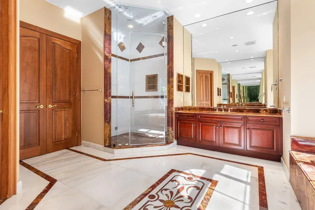 a view of a hallway with a chandelier