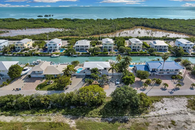 an aerial view of a house with a garden and lake view