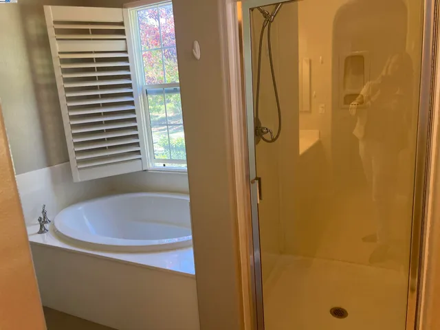 a bathroom with a tub and a shower