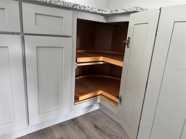 a view of a room with windows