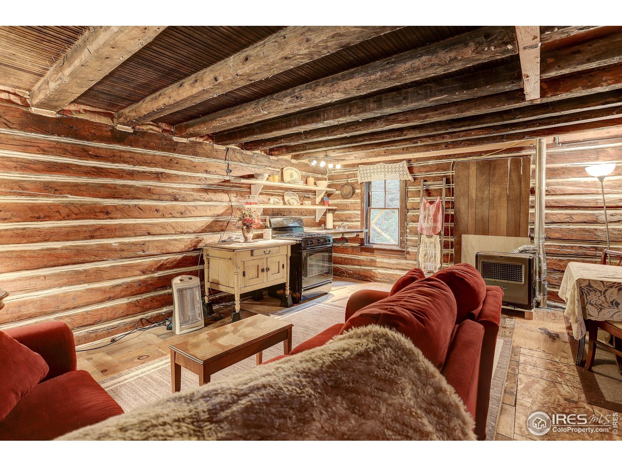 5672 Apex Valley Road Idaho Springs, CO 80452 - Photo 12 of 23 Living/kitchen area w/original log wall, hand-hewn rafters and wood flooring