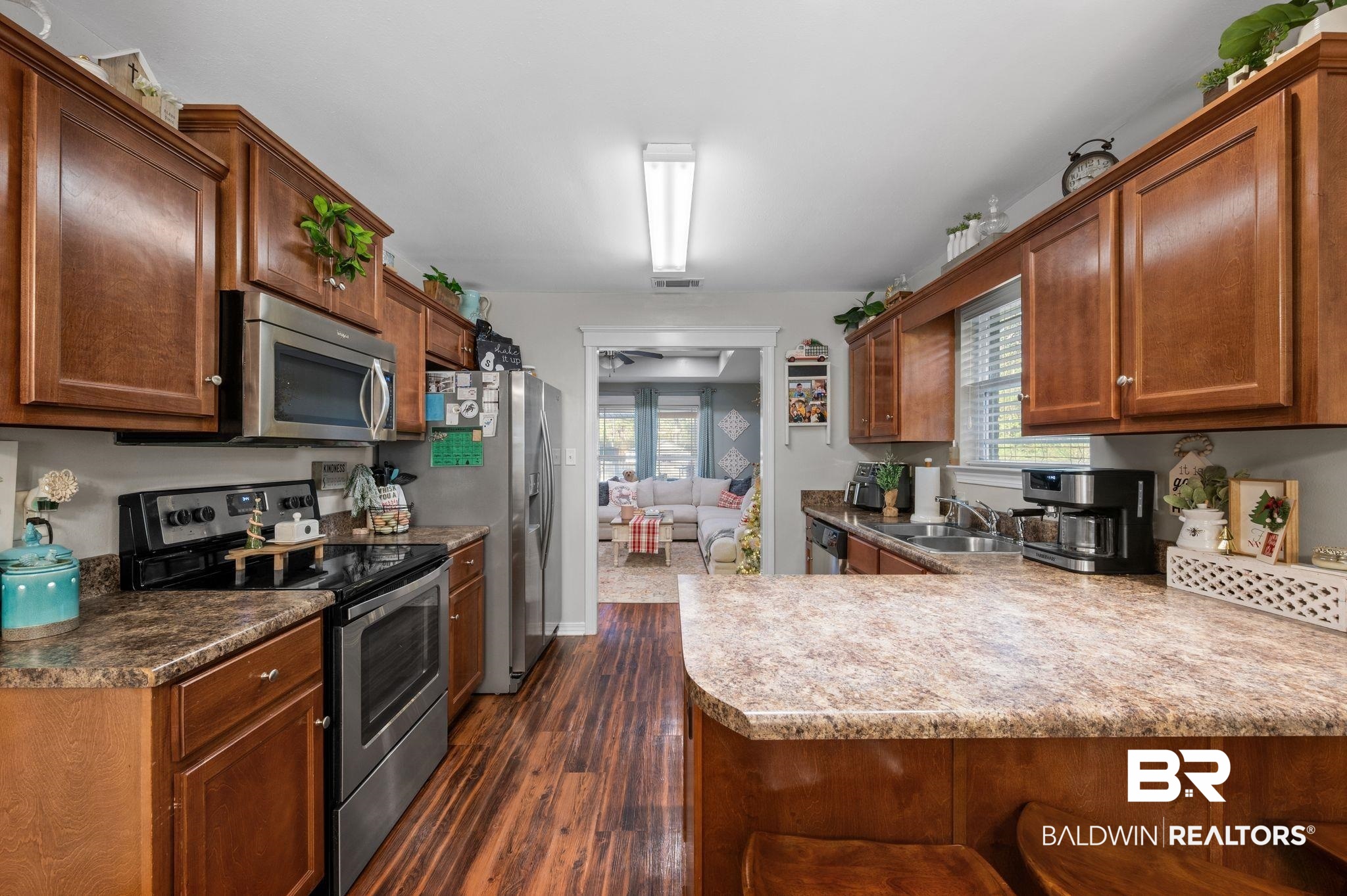 9366 Fox Run Court Semmes, AL 36575 - Photo 12 of 29 Kitchen with kitchen peninsula, appliances with stainless steel finishes, dark hardwood / wood-style flooring, and a healthy amount of sunlight