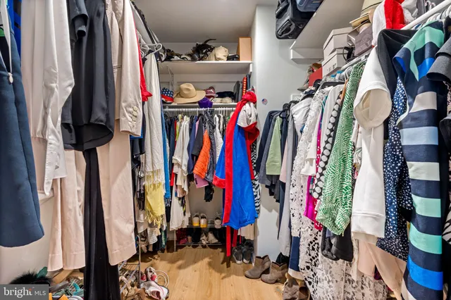 a view of walk in closet with clothes