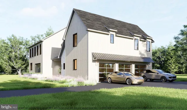 a view of a white house in front of a big yard with large trees