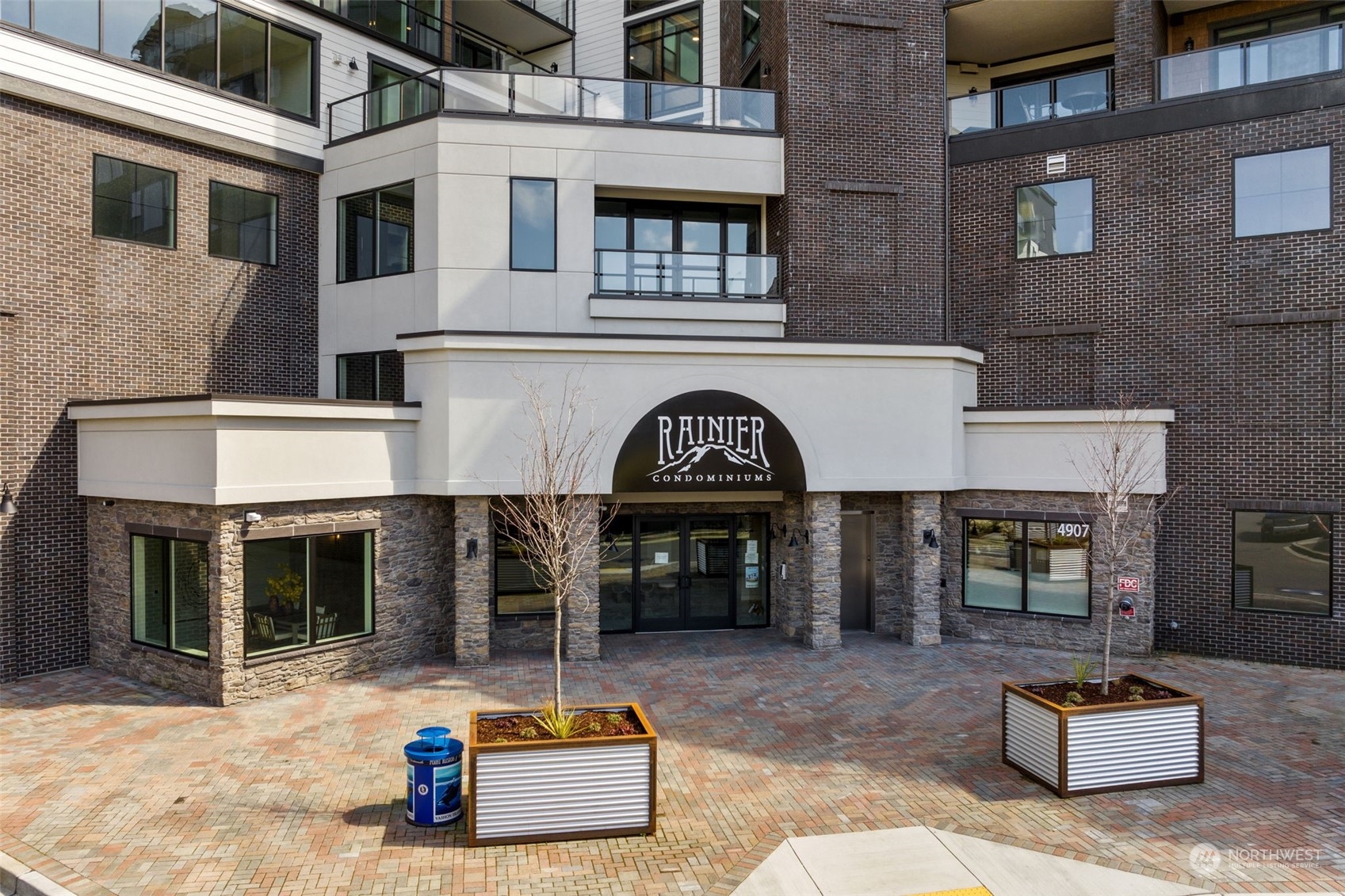 a view of a building with sitting area