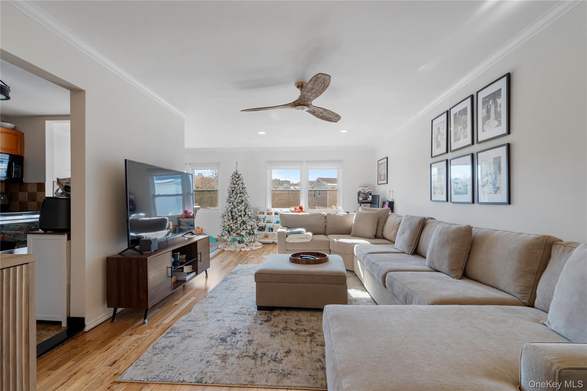 208-48 15th Road, Unit 2 Queens, NY 11360 - Photo 3 of 23 Living area featuring ornamental molding, light wood finished floors, and a ceiling fan