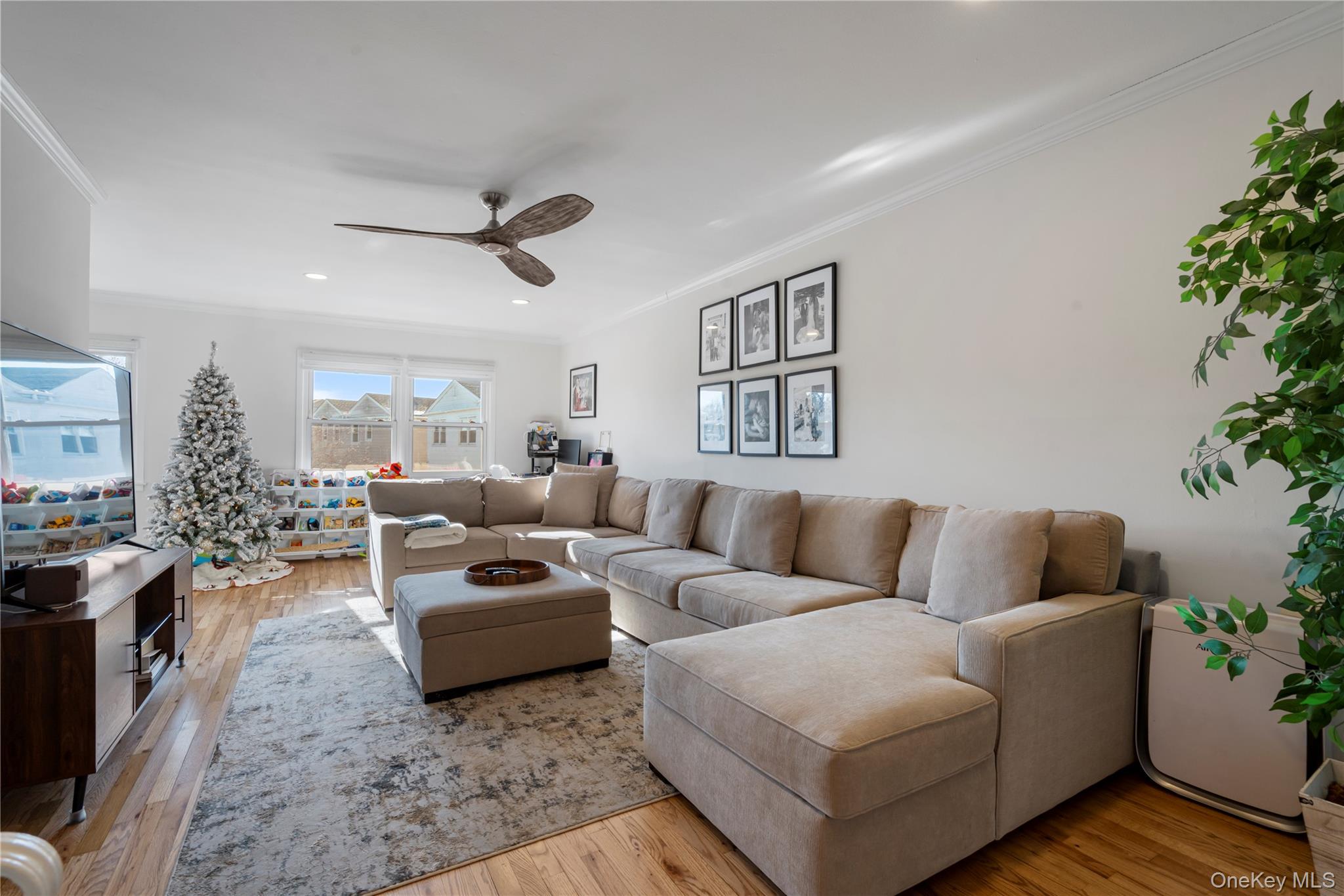 208-48 15th Road, Unit 2 Queens, NY 11360 - Photo 4 of 23 Living area with light wood finished floors, crown molding, ceiling fan, and recessed lighting
