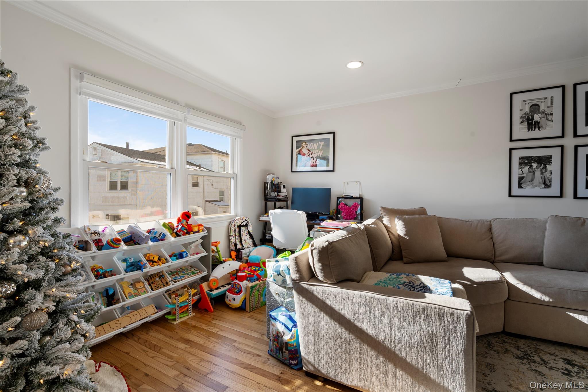 208-48 15th Road, Unit 2 Queens, NY 11360 - Photo 7 of 23 Living room featuring wood-type flooring, ornamental molding, and recessed lighting