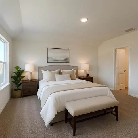 a bedroom with a bed and a potted plant