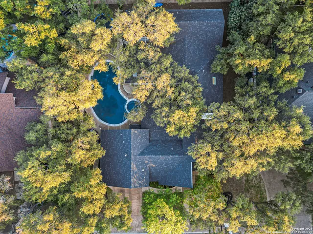 an aerial view of a house with a yard and large tree