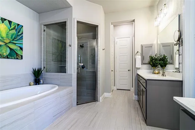 a bathroom with a tub shower and sink