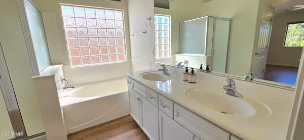a bathroom with a double vanity sink a mirror and a bathtub