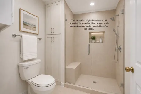 a bathroom with a shower a toilet and sink