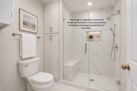 a bathroom with a shower a toilet and a shower