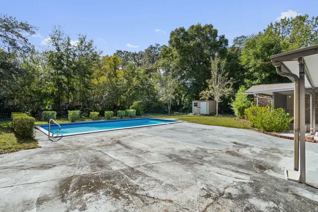 a view of a park with large trees