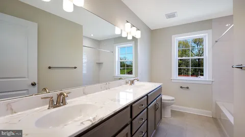 a bathroom with a double vanity sink a large mirror and a toilet