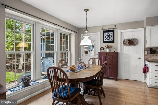 a view of a dining room with furniture window and outside view