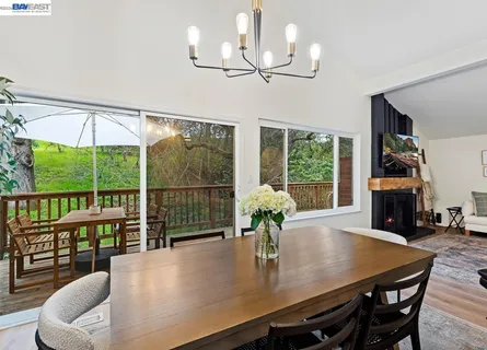 a view of a dining room with furniture window and outside view