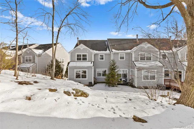 a front view of a house with a yard covered with snow