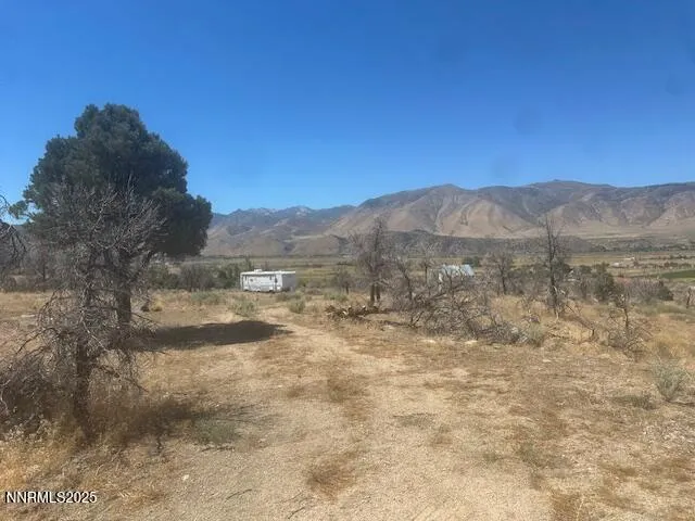 a view of a dry yard with mountains in the background