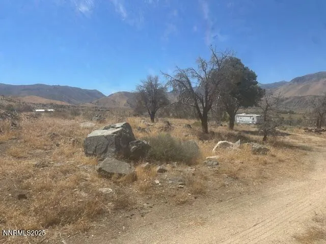 a view of a dry yard with mountains in the background