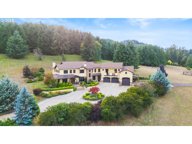 a aerial view of a house with swimming pool and a yard