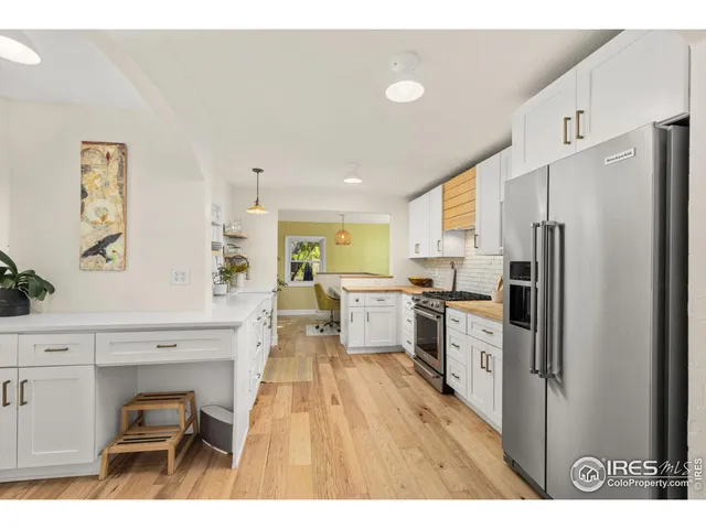a kitchen with a refrigerator and a sink