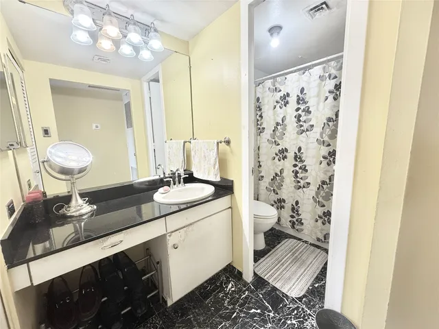 a bathroom with a granite countertop sink toilet and shower