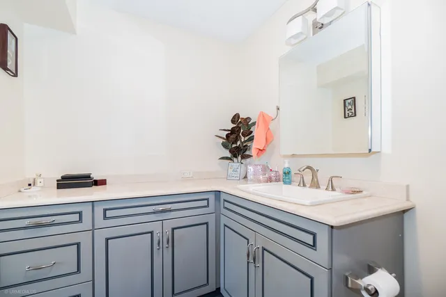 a bathroom with a sink and a mirror