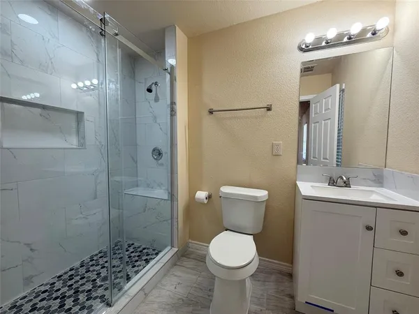 a bathroom with a toilet a sink a shower and mirror