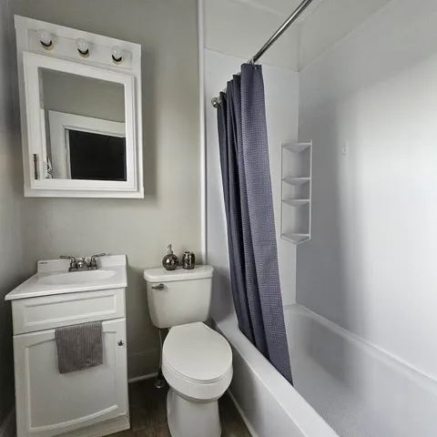 a bathroom with a toilet sink vanity and mirror