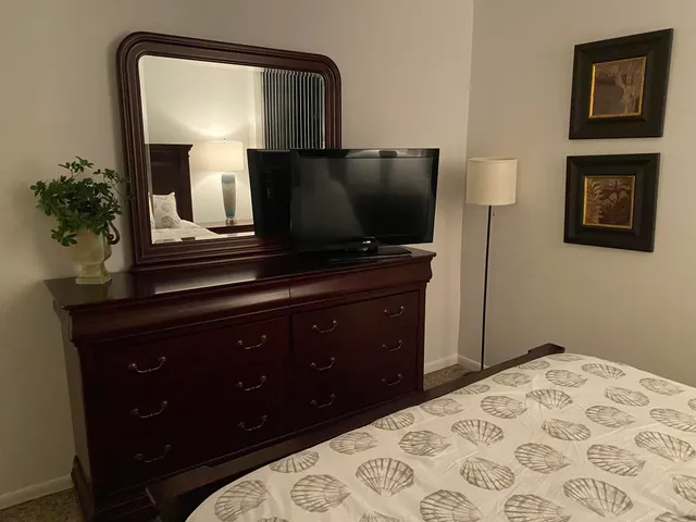 a bedroom with a bed and a flat screen tv