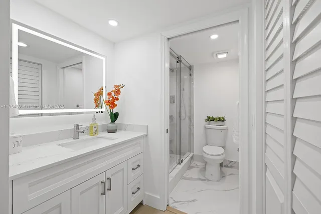 a bathroom with a granite countertop sink a toilet and a mirror