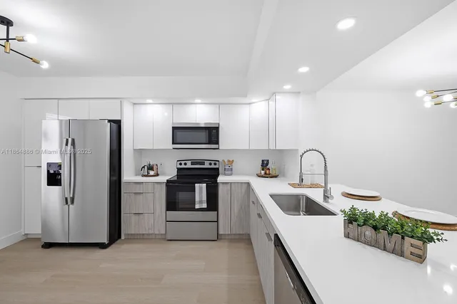 a kitchen with white cabinets and stainless steel appliances