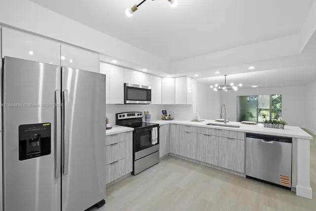 a kitchen with stainless steel appliances a refrigerator stove microwave and sink