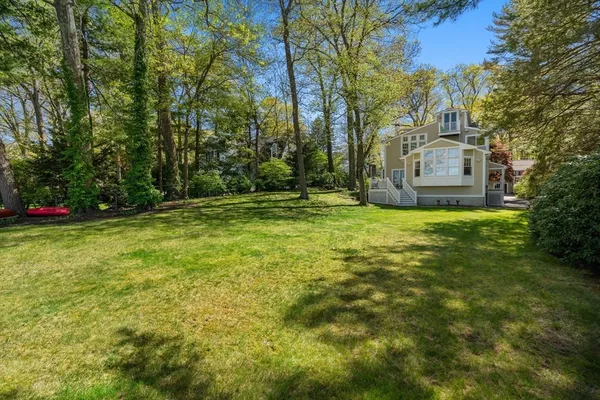 a view of a big yard with large trees