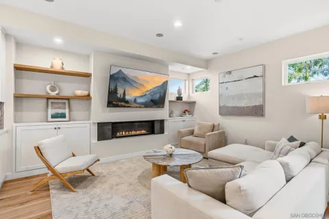 a living room with fireplace furniture and a flat screen tv