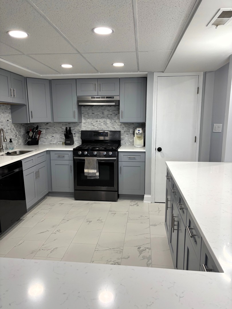 9132 South Pulaski Road, Unit 2E Oak Lawn, IL 60453 - Photo 6 of 22 a large kitchen with stainless steel appliances granite countertop a stove top oven a sink dishwasher and a refrigerator