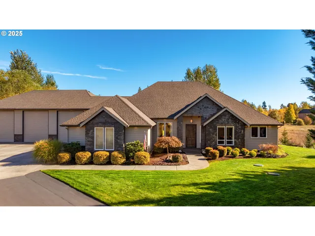 a view of a big house with a big yard and potted plants