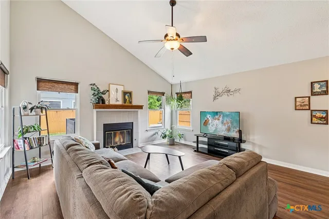 a living room with furniture and a fireplace