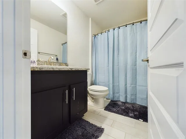 a bathroom with a sink a toilet a mirror and shower curtain