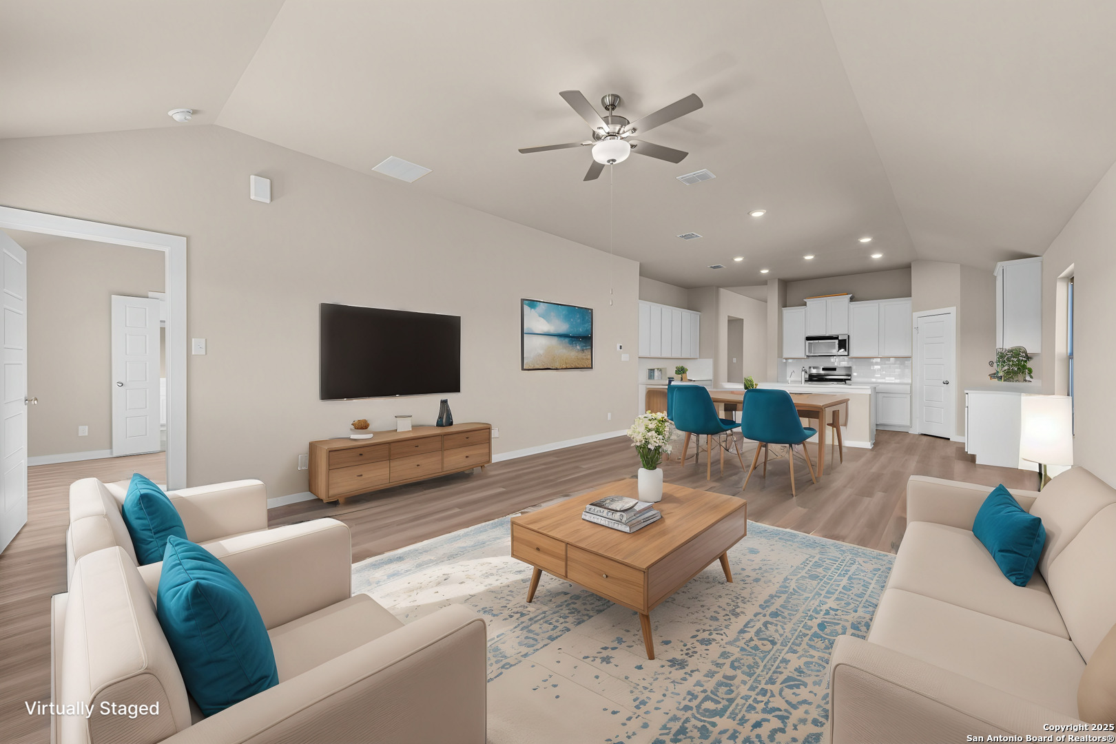 1177 Limestone Ridge Seguin, TX 78155 - Photo 6 of 40 a living room with furniture and a flat screen tv