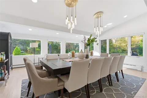 a view of a dining room with furniture window and outside view