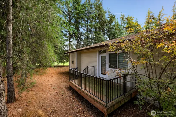 a view of backyard with deck and trees