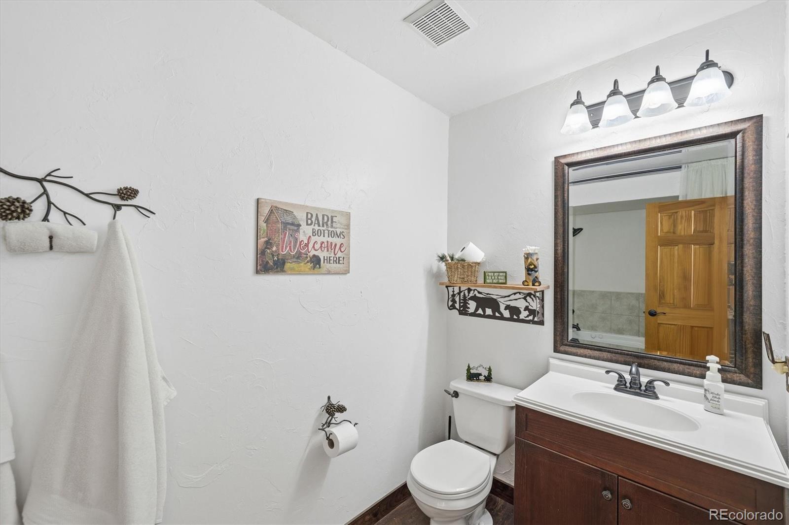 33799 Warren Road Pine, CO 80470 - Photo 35 of 50 a bathroom with a toilet a sink and mirror