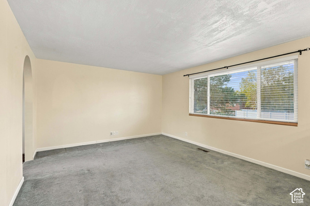 1127 Electra Lane Sandy, UT 84094 - Photo 4 of 27 Neutral wall color, carpeted flooring, large window with blinds, and an arched doorway