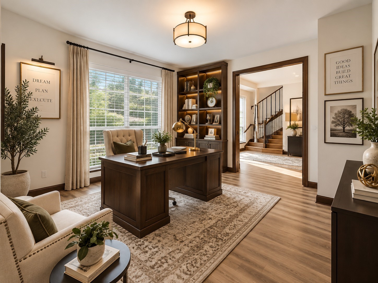 6 Postvine Court Spring, TX 77381 - Photo 14 of 37 Bright and inviting home office featuring a spacious layout, abundant natural light, elegant wood accents, built-in shelving, and tasteful neutral décor. A polished space ideal for working from home or a private study.